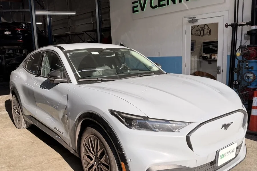 White Ford Mustang Mach-E at EV Central Service shop serving Berkeley and Emeryville EV collision repair San Francisco Bay Area