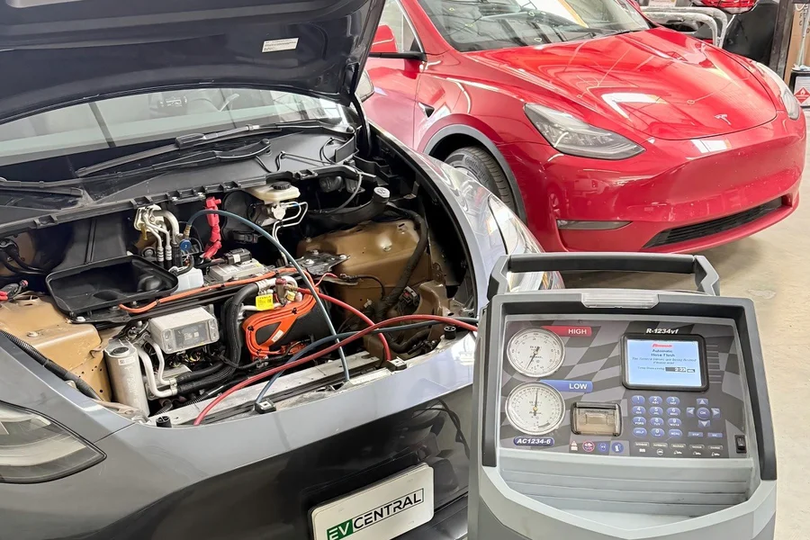 Tesla Model 3 frunk open with AC R-1234yf refrigerant machine at EV Central Service Bay Area San Francisco
