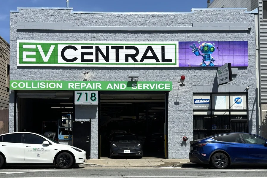 EV Central Service shop exterior at 718 Bryant Street SoMa San Francisco — Tesla collision repair and service