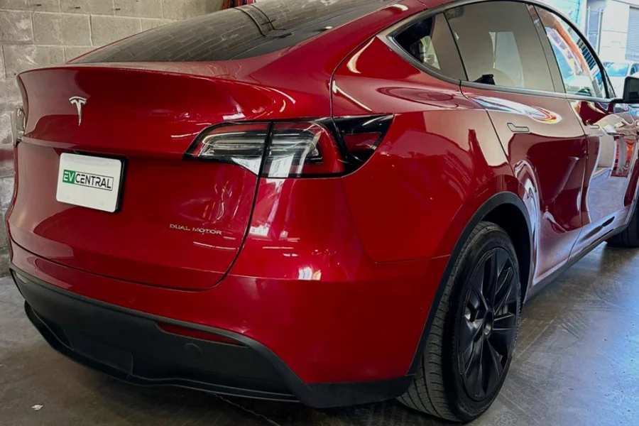 Red Tesla Model Y Dual Motor after collision repair at EV Central Service SOMA San Francisco
