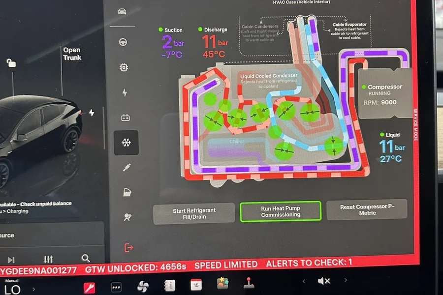 Tesla service mode screen showing HVAC coolant system diagram with compressor running at EV Central Service San Francisco